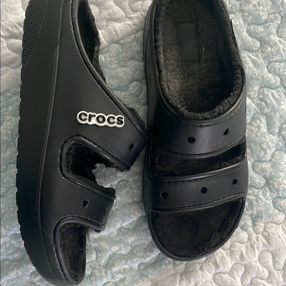 Crocs Black Fuzzy Slide Sandals